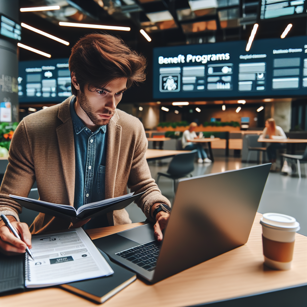 Ung student som sammenligner fordelsprogrammer på laptop, med kaffekopp og notatbok i et moderne studentmiljø
